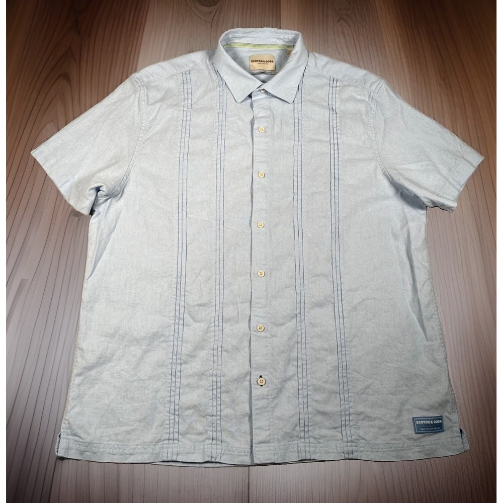 Scotch & Soda Mens XL Linen Blend Short Sleeve Guayabera Button Up Shirt Blue